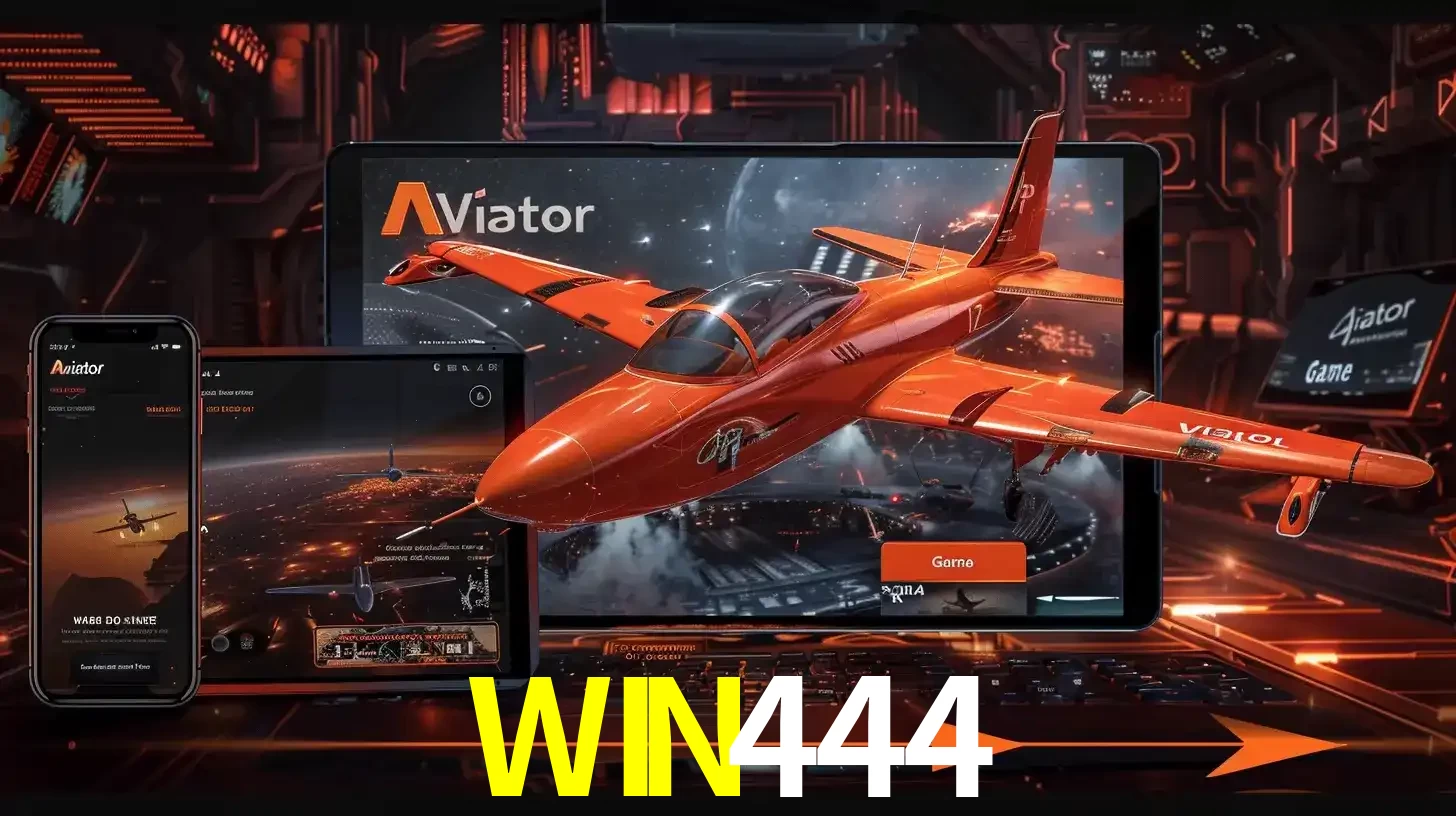 Apresentação tecnológica do jogo Aviator com um avião saindo da tela de um tablet, demonstrando a experiência imersiva em múltiplos dispositivos no WIN444.