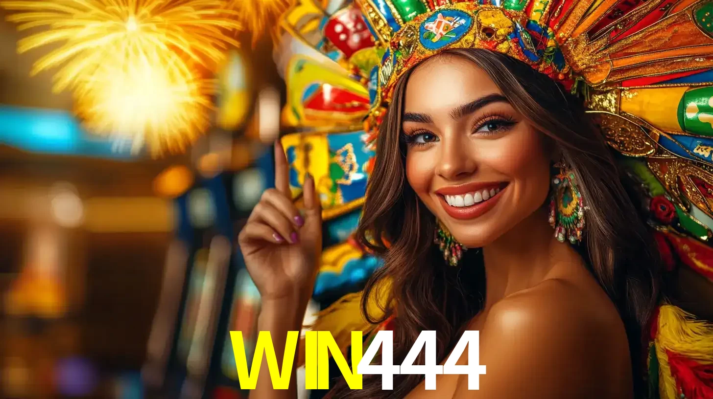 Mulher sorridente com um cocar de carnaval vibrante e colorido, celebrando uma grande vitória nos jogos do cassino WIN444 com fogos de artifício ao fundo.