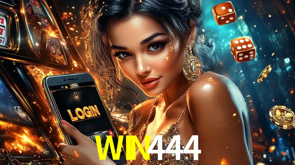 Mulher glamourosa segurando um celular com a tela de login do cassino WIN444, rodeada por dados e moedas douradas, pronta para começar a diversão.