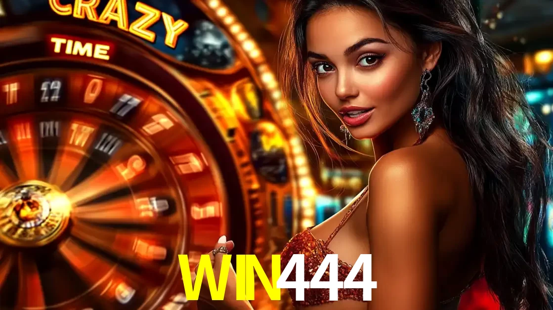 Mulher ao lado da roda de prêmios do jogo de cassino ao vivo Crazy Time, um dos shows de jogos mais emocionantes oferecidos pela plataforma de apostas WIN444.