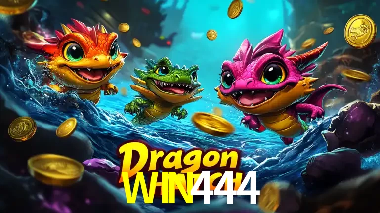 Arte promocional do jogo Dragon Hatch com três adoráveis dragões bebês nadando entre moedas de ouro, um dos slots mais divertidos para jogar no cassino WIN444.