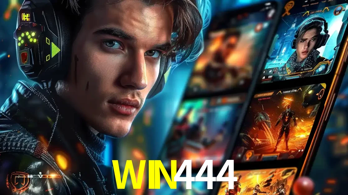 Jovem jogador com fones de ouvido olhando para a câmera, com um aplicativo de jogos e e-sports para celular ao fundo, pronto para a competição e apostas no WIN444.