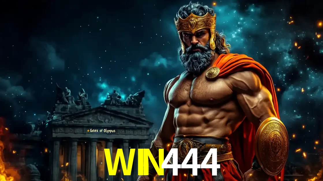 O poderoso Zeus do jogo de slot Gates of Olympus em frente ao seu templo, pronto para lançar multiplicadores divinos e prêmios épicos no cassino online WIN444.