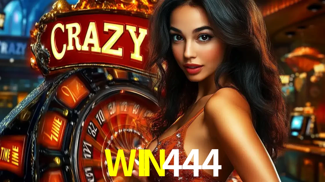 Mulher glamourosa olhando para a câmera com a roda vermelha do Crazy Time ao fundo em um ambiente de cassino, destacando a emoção dos jogos ao vivo no WIN444.