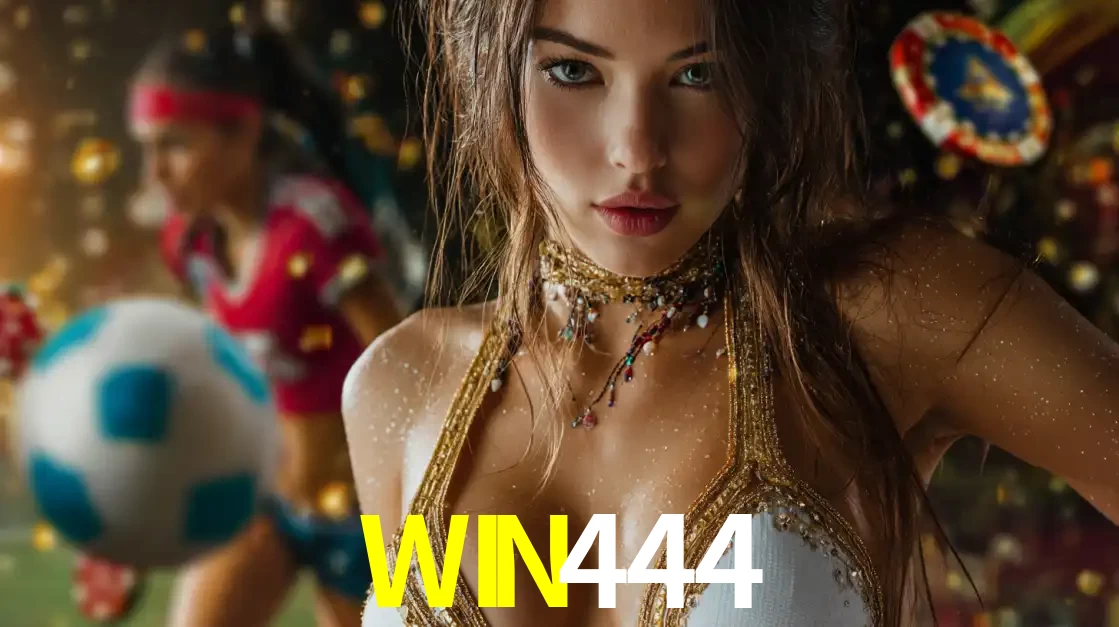Mulher elegante representando a combinação de glamour e emoção das apostas esportivas, com uma jogadora de futebol ao fundo, destacando a ação no WIN444.