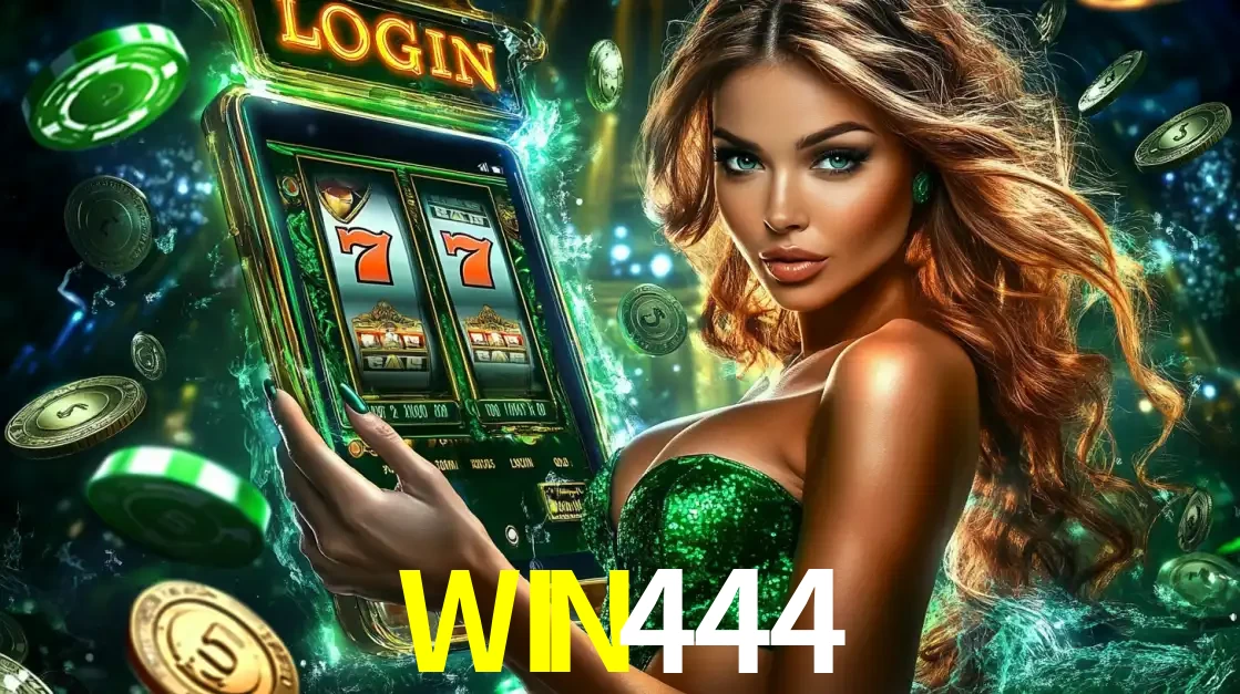 Mulher com tema verde apresentando o aplicativo do cassino WIN444 com um jogo de slot de 777, cercada por fichas de cassino e uma aura de sorte.