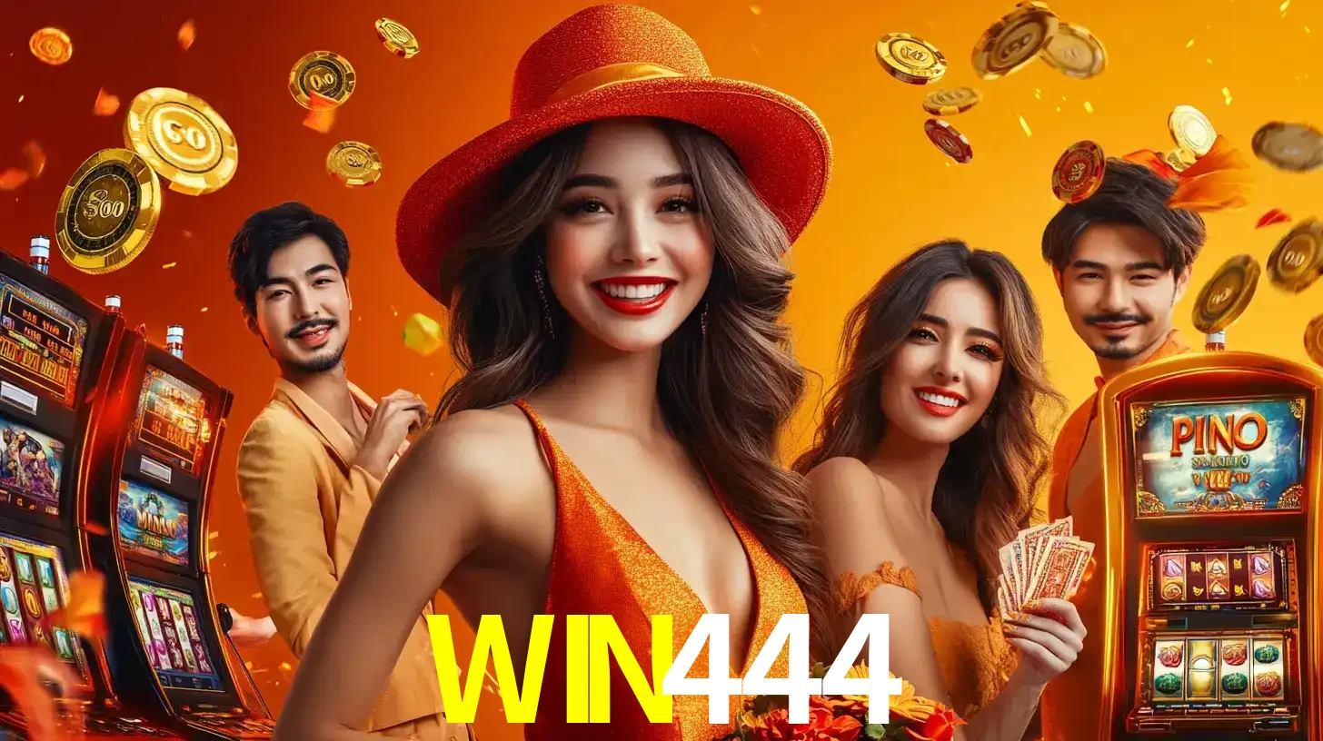 Grupo de amigos asiáticos sorrindo e se divertindo com máquinas de caça-níqueis em um ambiente festivo, celebrando suas vitórias nos jogos de cassino do WIN444.