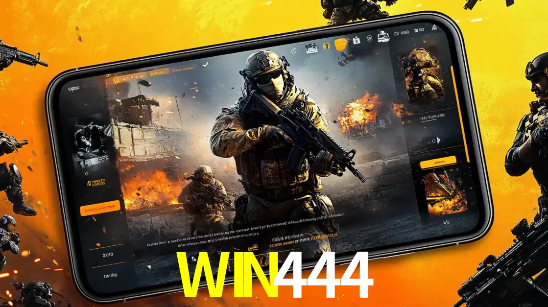 Um smartphone exibindo a interface de um jogo de tiro em primeira pessoa, com um soldado em um cenário de batalha, representando a ação dos e-sports para apostar no WIN444.