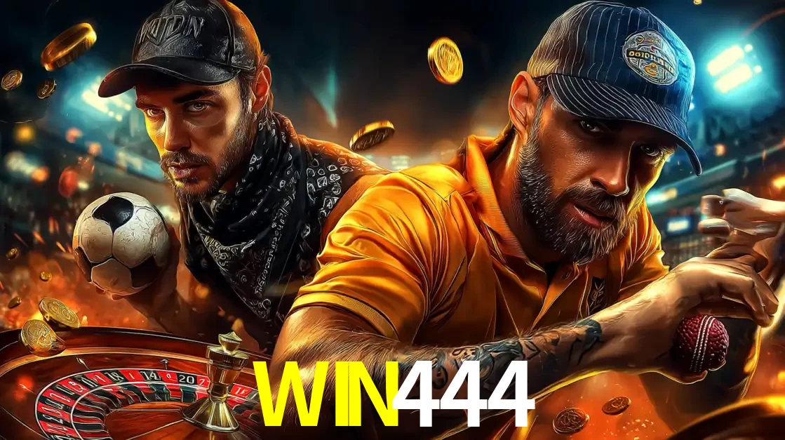 Montagem de apostas esportivas e cassino no WIN444, com um homem segurando uma bola de futebol e outro uma de beisebol sobre uma roleta e moedas voadoras.