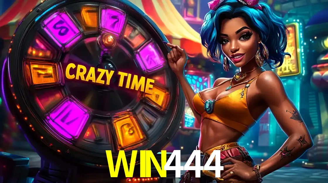 Mulher estilizada com cabelo azul e visual vibrante posando ao lado da roda de prêmios do game show Crazy Time, convidando para a diversão e os bônus do cassino WIN444.