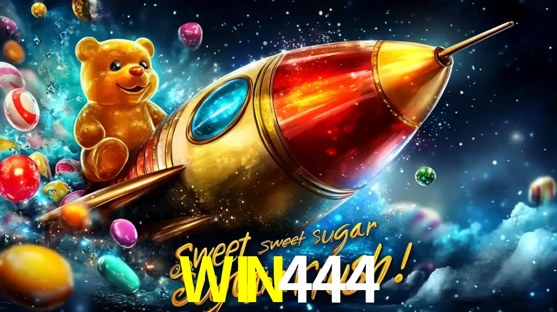Arte promocional do jogo de slot Sugar Rush, com um urso de pelúcia em um foguete viajando pelo espaço de doces, um dos jogos divertidos disponíveis no cassino WIN444.