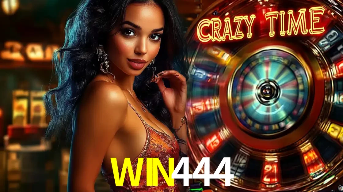 Mulher elegante ao lado da vibrante roda da fortuna do jogo de cassino ao vivo Crazy Time, um dos game shows mais populares e cheios de prêmios do WIN444.