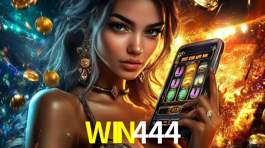 Mulher elegante mostrando um jogo de caça-níqueis em seu smartphone, destacando a experiência de cassino móvel oferecida pelo aplicativo WIN444.