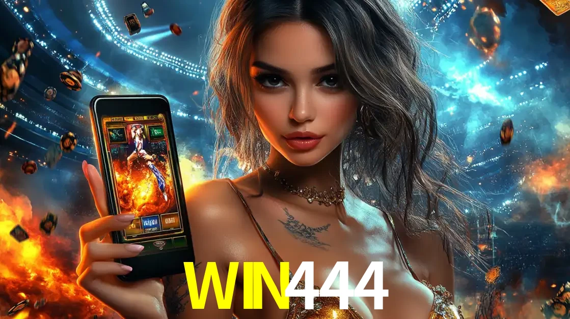 Mulher segurando um celular com um jogo de slot em destaque, tendo como fundo um estádio vibrante, simbolizando a emoção de jogar no cassino móvel WIN444.