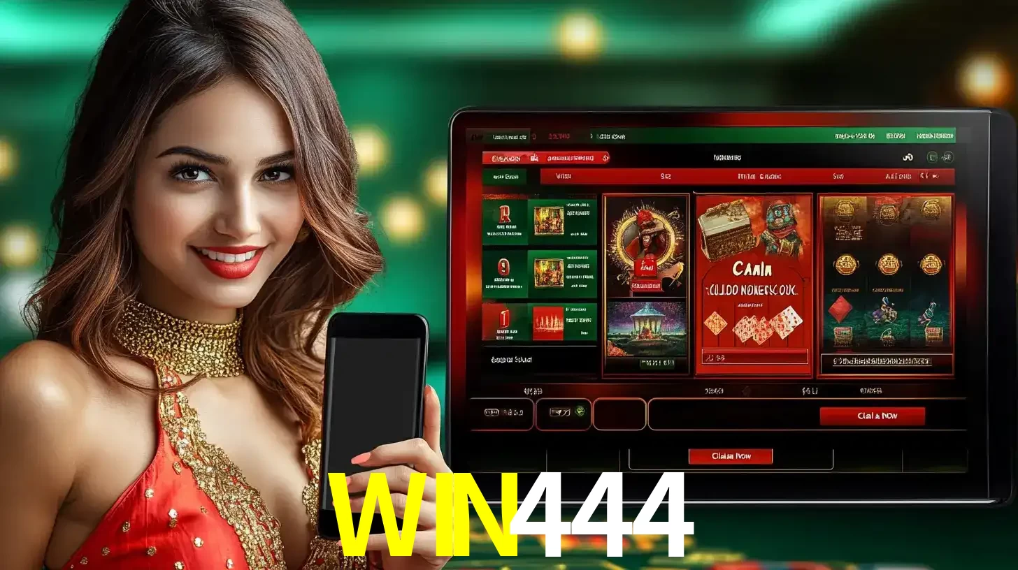 Mulher sorridente segurando um smartphone, ao lado de uma tela exibindo o lobby de jogos do cassino online WIN444, com várias opções de jogos de cartas e slots.